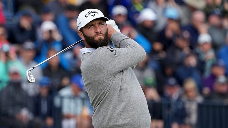 July 21, 2023; Hoylake, ENGLAND, GBR; Jon Rahm plays on the fourth hole during the second round of The Open Championship golf tournament at Royal Liverpool. Mandatory Credit: Kyle Terada-USA TODAY Sports