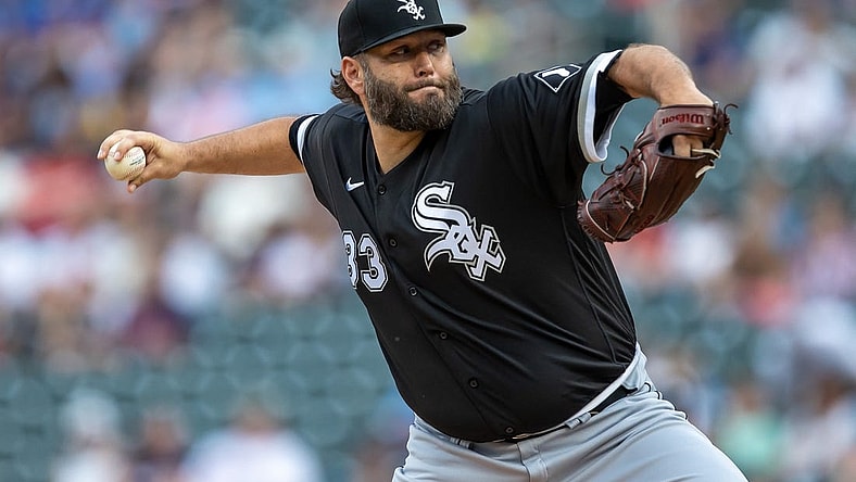 Jul 21, 2023; Minneapolis, Minnesota, USA; Chicago White Sox starting pitcher Lance Lynn (33) delivers a pitch against the Minnesota Twins in the first inning at Target Field. Mandatory Credit: Jesse Johnson-USA TODAY Sports