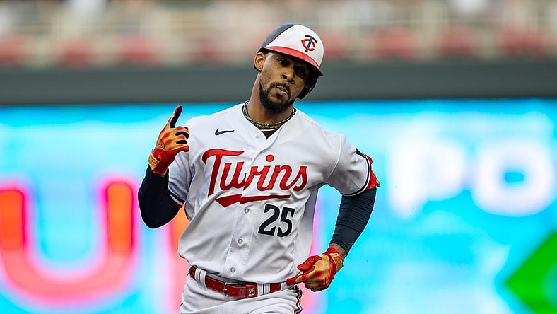 Jul 21, 2023; Minneapolis, Minnesota, USA; Minnesota Twins designated hitter Byron Buxton (25) celebrates hitting a solo home run against the Chicago White Sox in the fourth inning at Target Field. Mandatory Credit: Jesse Johnson-USA TODAY Sports