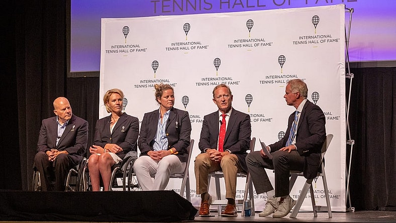International Tennis Hall of Fame induction ceremony. Inductees Rick Draney, left, and Esther  Vergeer, second from left, attend the press conference at the Hall of Fame in Newport on Saturday, July 22, 2023.