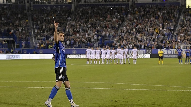 Jul 22, 2023; Montreal, Quebec, CAN; CF Montreal defender Gabriele Corbo (25) reacts after scoring on a penalty kick against CF Montreal during a shootout in a Leagues Cup game at Stade Saputo. Mandatory Credit: Eric Bolte-USA TODAY Sports