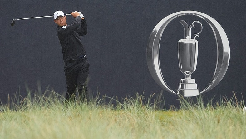 Jul 23, 2023; Hoylake, England, GBR; Tom Kim plays his shot from the first tee during the final round of The Open Championship golf tournament. Mandatory Credit: Kyle Terada-USA TODAY Sports