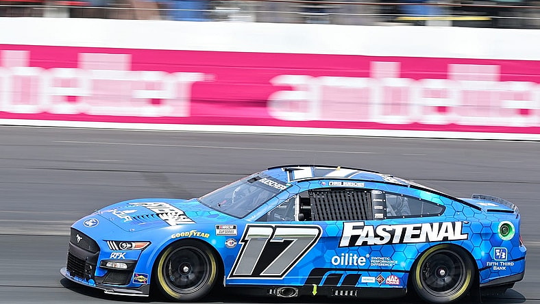 Jul 17, 2023; Loudon, New Hampshire, USA; NASCAR Cup Series driver Chris Buescher (17) during the Crayon 301 at New Hampshire Motor Speedway. Mandatory Credit: Eric Canha-USA TODAY Sports