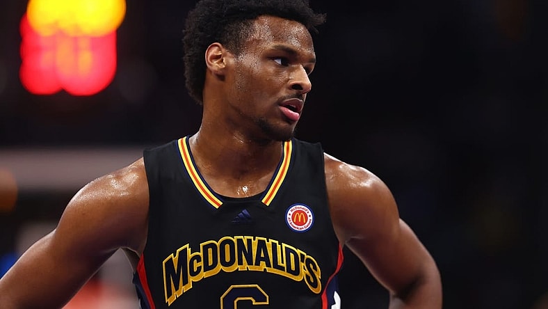 Mar 28, 2023; Houston, TX, USA; West guard Bronny James (6) during the McDonald's All American Boy's high school basketball game at Toyota Center. Mandatory Credit: Mark J. Rebilas-USA TODAY Sports