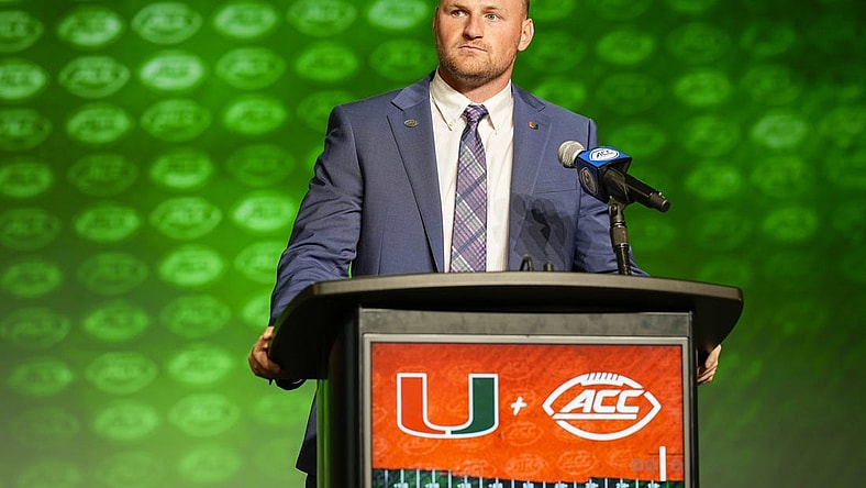 Jul 25, 2023; Charlotte, NC, USA;  Miami quarterback Tyler Van Dyke answers questions during ACC Media Days at The Westin Charlotte. Mandatory Credit: Jim Dedmon-USA TODAY Sports