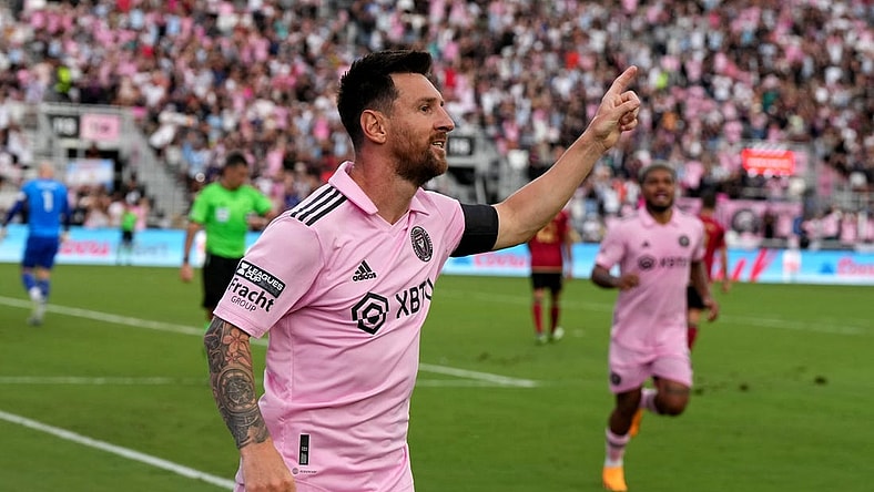 Jul 25, 2023; Fort Lauderdale, FL, USA; Inter Miami CF forward Lionel Messi (10) celebrates after scoring a goal in the first half against the Atlanta United at DRV PNK Stadium. Mandatory Credit: Jasen Vinlove-USA TODAY Sports