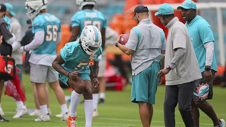 Jul 26, 2023; Miami Gardens, FL, USA; Miami Dolphins cornerback Jalen Ramsey (5) works out during training camp at Baptist Health Training Facility. Mandatory Credit: Sam Navarro-USA TODAY Sports