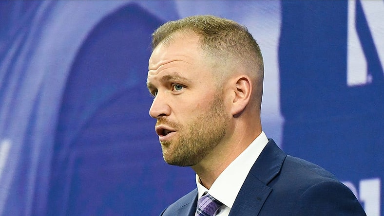 Jul 26, 2023; Indianapolis, IN, USA; Northwestern Wildcats interim head coach David Braun speaks to the media during the Big 10 football media day at Lucas Oil Stadium. Mandatory Credit: Robert Goddin-USA TODAY Sports