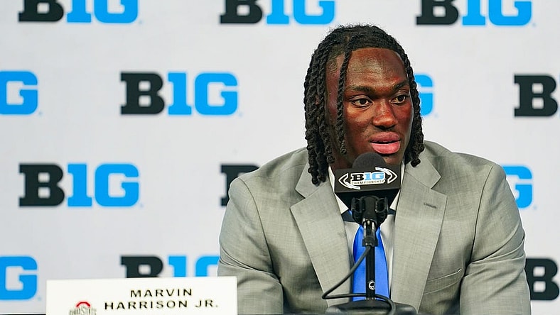 Jul 26, 2023; Indianapolis, IN, USA; Ohio State Buckeyes wide receiver Marvin Harrison Jr. speaks to the media during the Big 10 football media day at Lucas Oil Stadium. Mandatory Credit: Robert Goddin-USA TODAY Sports