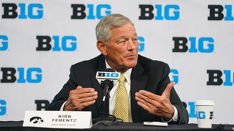 Jul 26, 2023; Indianapolis, IN, USA; Iowa Hawkeyes head coach Kirk Ferentz speaks to the media during the Big 10 football media day at Lucas Oil Stadium. Mandatory Credit: Robert Goddin-USA TODAY Sports