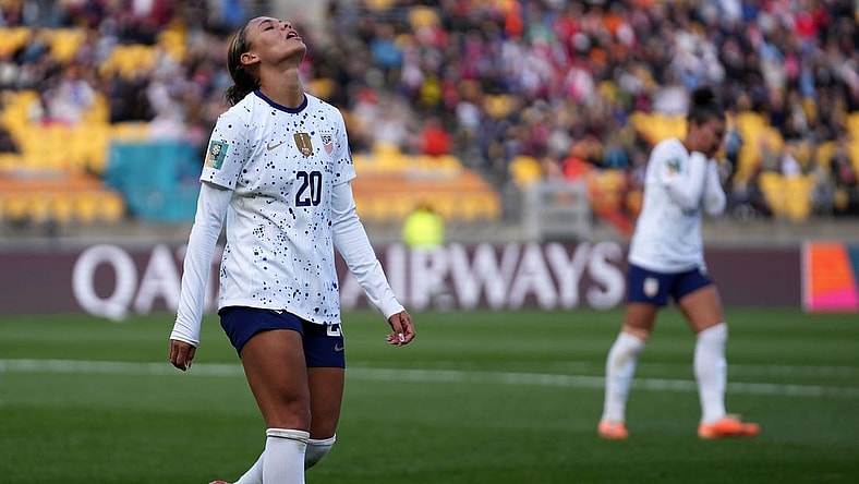 Jul 27, 2023; Wellington, NZL; United States forward Trinity Rodman (20) reacts after missing a shot against the Netherlands during the second half in a group stage match for the 2023 FIFA Women's World Cup at Wellington Regional Stadium. Mandatory Credit: Jenna Watson-USA TODAY Sports