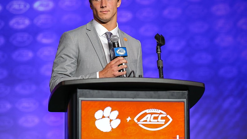 Jul 27, 2023; Charlotte, NC, USA; Clemson quarterback Cade Klubnik answers questions from the media during the ACC 2023 Kickoff at The Westin Charlotte. Mandatory Credit: Jim Dedmon-USA TODAY Sports