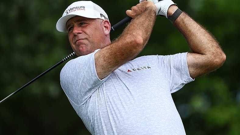 Jul 27, 2023; Blaine, Minnesota, USA; Stewart Cink hits his tee shot on the 11th hole during the first round of the 3M Open golf tournament. Mandatory Credit: Matt Krohn-USA TODAY Sports