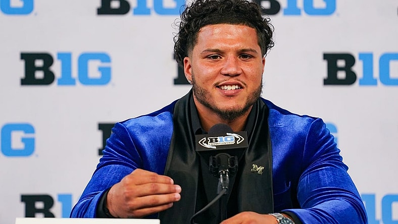 Jul 27, 2023; Indianapolis, IN, USA;  Michigan Wolverines running back Blake Corum speaks to the media during the Big 10 football media day at Lucas Oil Stadium. Mandatory Credit: Robert Goddin-USA TODAY Sports