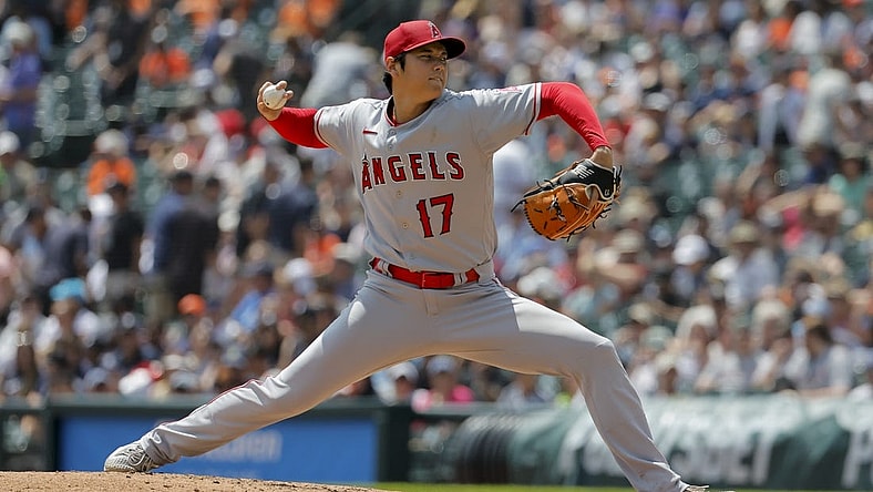 Jul 27, 2023; Detroit, Michigan, USA; Los Angeles Angels starting pitcher Shohei Ohtani (17) pitches in the fourth inning against the Detroit Tigers at Comerica Park. Mandatory Credit: Rick Osentoski-USA TODAY Sports