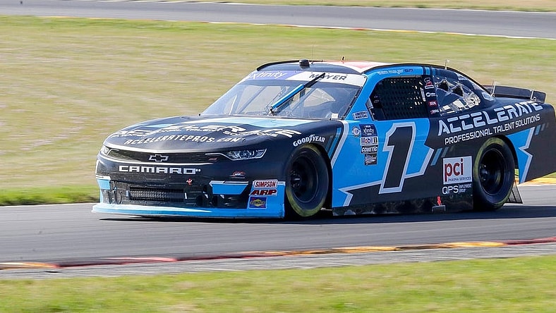 Sam Mayer (1) exits turn 3 during qualifying for the Road America 180, in the NASCAR Xfinity Series at Road America, Friday, July 28, 2023, near Plymouth, Wis.