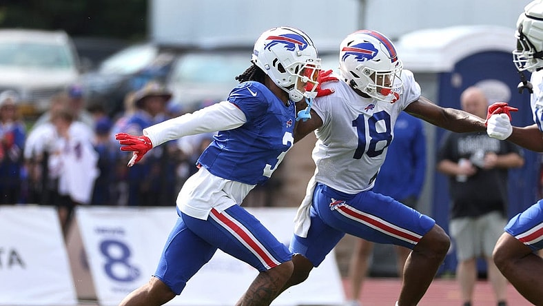 Damar Hamlin blocks Justin Shorter to the outside during special teams drills. This was the first time Hamlin has been in pads since he had a cardiac event during a game last season.