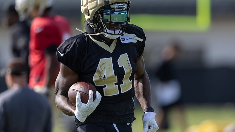 Jul 31, 2023; Metairie, LA, USA; New Orleans Saints running back Alvin Kamara (41) during training camp at the Ochsner Sports Performance Center. Mandatory Credit: Stephen Lew-USA TODAY Sports