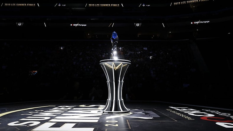 Aug 25, 2019; Detroit, MI, USA; The LCS trophy awaits the winner during the LCS Summer Finals event between Team Liquid and Cloud9 at Little Caesars Arena. Mandatory Credit: Raj Mehta-USA TODAY Sports
