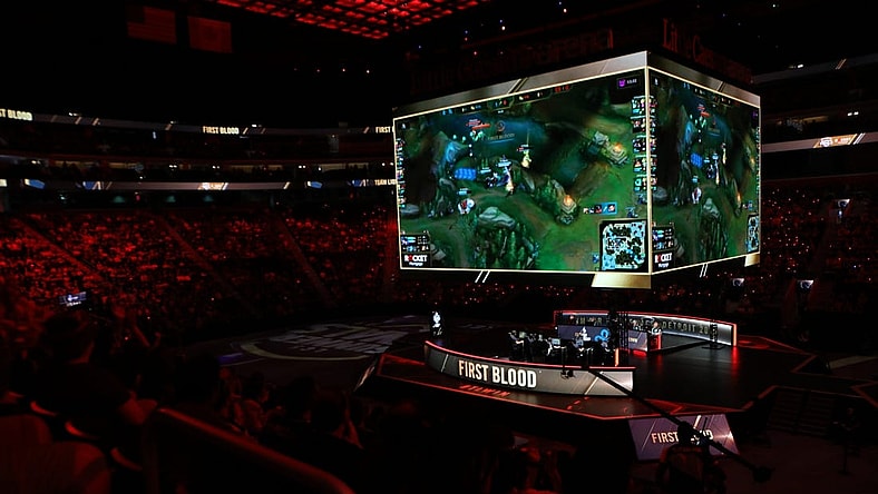 Little Caesars Arena lights up red as the first kill is made in the 2019 LCS Summer Finals in Detroit, Mich., Sunday, August 25, 2019.

Lcs 082519 19 04