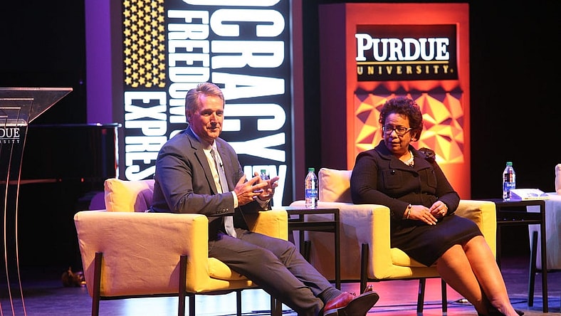 Former U.S. Sen. Jeff Flake and Loretta Lynch, 83rd U.S. attorney general, during    Democracy, Civility, and Freedom of Expression    at Purdue University   s Loeb Playhouse on Jan. 22.

Flake and Lynch Purdue