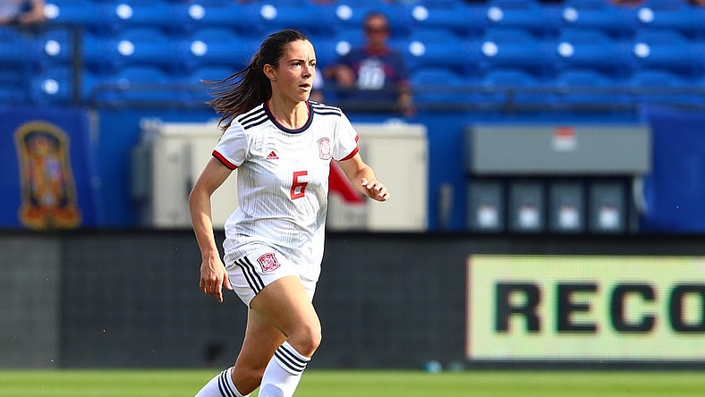 Mar 11, 2020; Frisco, Texas, USA; Spain midfielder Aitana Bonmati (6) controls the ball against England in the 2020 She Believes Cup soccer series at Toyota Stadium. Mandatory Credit: Matthew Emmons-USA TODAY Sports