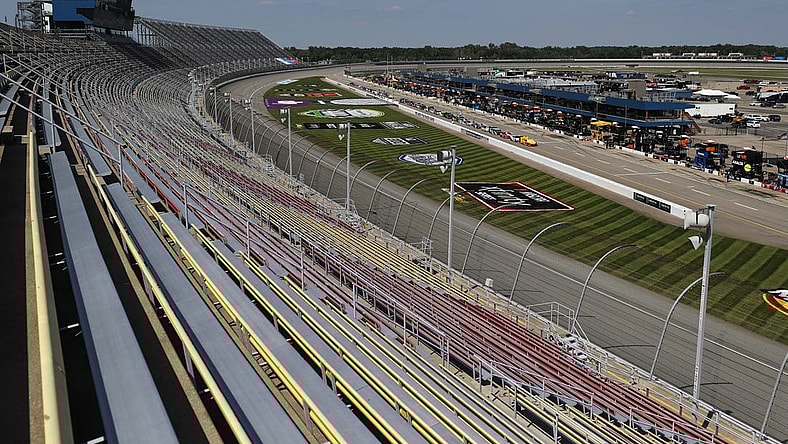 Aug 8, 2020; Brooklyn, Michigan, USA; A view from atop the empty bleachers looking down the front stretch before the NASCAR Cup Series race at Michigan International Speedway. Mandatory Credit: Raj Mehta-USA TODAY Sports