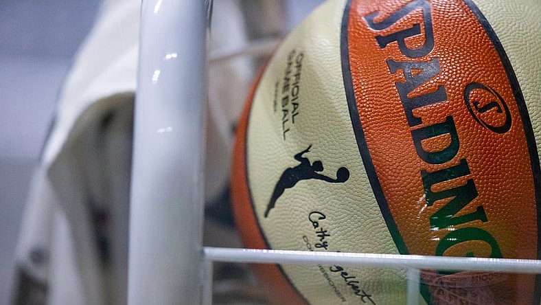 Sep 29, 2020; Bradenton, Florida, USA; A game ball waits on a sanitation cart during game 5 of the WNBA semifinals between the Connecticut Suns and the Las Vegas Aces at IMG Academy. Mandatory Credit: Mary Holt-USA TODAY Sports