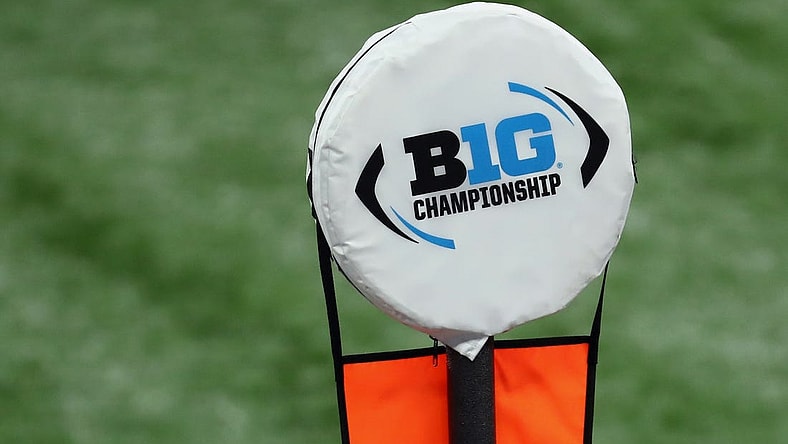 Dec 19, 2020; Indianapolis, Indiana, USA; A Big 10 Championship logo is seen atop a yardage marker during the first half between the Ohio State Buckeyes and the Northwestern Wildcats at Lucas Oil Stadium. Mandatory Credit: Aaron Doster-USA TODAY Sports