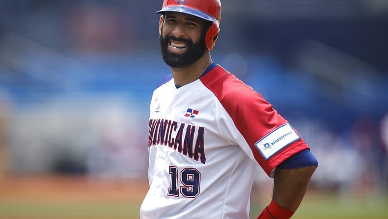Jun 2, 2021; St. Lucie, Florida, USA; Dominican Republic first baseman Jose Bautista (19) reacts from first base against Nicaragua during the WBSC Baseball Americas Qualifier series at Clover Park. Mandatory Credit: Sam Navarro-USA TODAY Sports