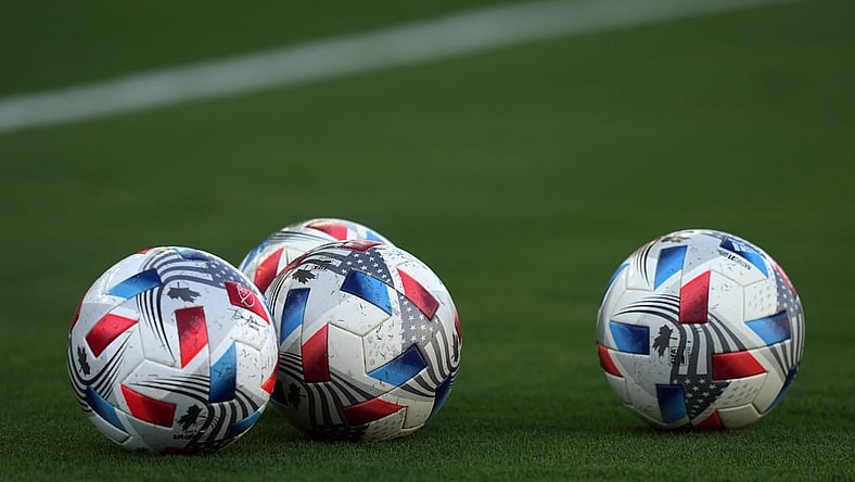 Jul 21, 2021; Fort Lauderdale, FL, USA; A general view of match balls on the pitch prior to the match between Inter Miami CF and the New England Revolution at DRV PNK Stadium. Mandatory Credit: Jasen Vinlove-USA TODAY Sports