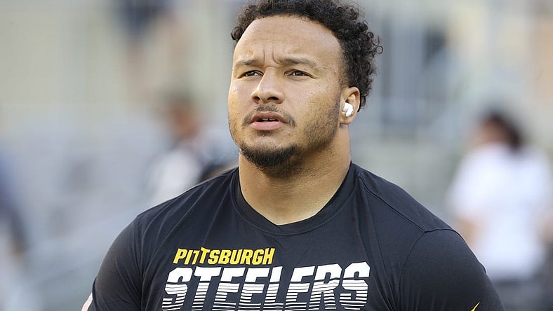 Aug 21, 2021; Pittsburgh, Pennsylvania, USA;  Pittsburgh Steelers guard Kendrick Green (53) looks on during warm ups against the Detroit Lions at Heinz Field. Mandatory Credit: Charles LeClaire-USA TODAY Sports