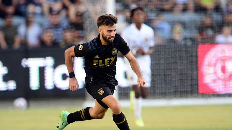 Aug 28, 2021; Los Angeles, CA, Los Angeles, CA, USA; Los Angeles FC forward Diego Rossi (9) moves the ball against the Los Angeles Galaxy during the second half at Banc of California Stadium. Mandatory Credit: Gary A. Vasquez-USA TODAY Sports