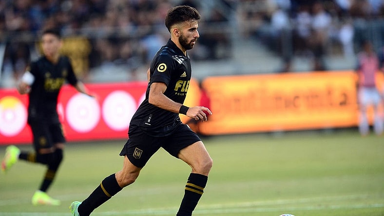 Aug 28, 2021; Los Angeles, CA, Los Angeles, CA, USA; Los Angeles FC forward Diego Rossi (9) moves the ball against the Los Angeles Galaxy during the second half at Banc of California Stadium. Mandatory Credit: Gary A. Vasquez-USA TODAY Sports