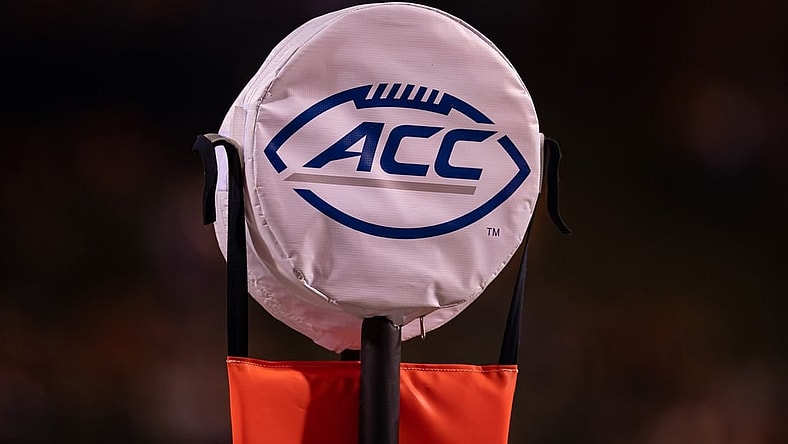 Sep 4, 2021; Charlottesville, Virginia, USA; A detailed view of the ACC logo on the down marker used during the game between William & Mary Tribe and the Virginia Cavaliers at Scott Stadium. Mandatory Credit: Scott Taetsch-USA TODAY Sports