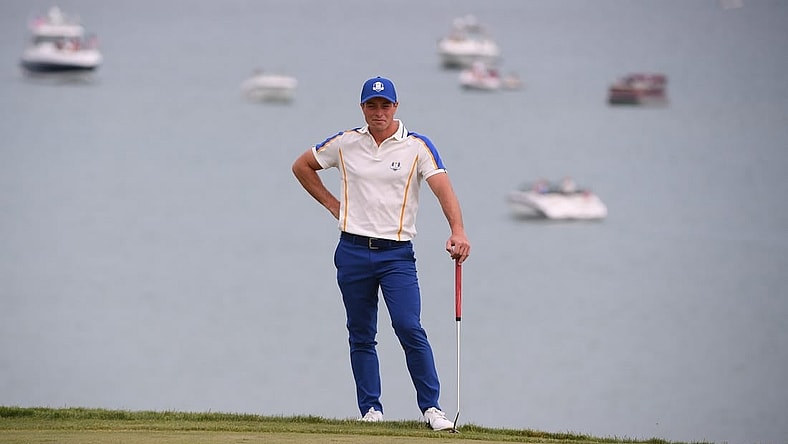 Sep 26, 2021; Haven, Wisconsin, USA; Team Europe player Viktor Hovland looks over the third green during day three singles rounds for the 43rd Ryder Cup golf competition at Whistling Straits. Mandatory Credit: Orlando Ramirez-USA TODAY Sports