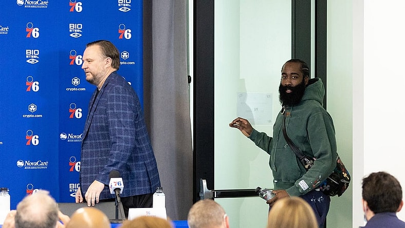 Feb 15, 2022; Camden, NJ, USA; Philadelphia 76ers guard James Harden (R) and president of basketball operations Daryl Morey (L) enter a press conference at Philadelphia 76ers Training Complex. Mandatory Credit: Bill Streicher-USA TODAY Sports