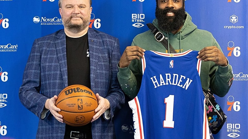 Feb 15, 2022; Camden, NJ, USA; Philadelphia 76ers guard James Harden (1) and president of basketball operations Daryl Morey (L) pose for a photo after speaking with the media at Philadelphia 76ers Training Complex. Mandatory Credit: Bill Streicher-USA TODAY Sports