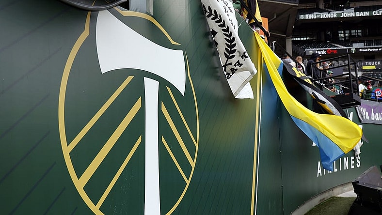 Apr 3, 2022; Portland, Oregon, USA; A view of the Portland Timbers logo before the game against the LA Galaxy at Providence Park. Mandatory Credit: Soobum Im-USA TODAY Sports