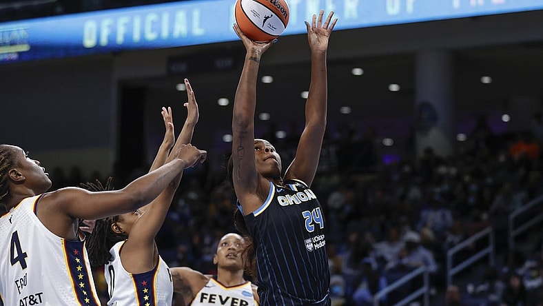 May 24, 2022; Chicago, Illinois, USA; Chicago Sky forward Ruthy Hebard (24) shoots against the Indiana Fever during the first half at Wintrust Arena. Mandatory Credit: Kamil Krzaczynski-USA TODAY Sports