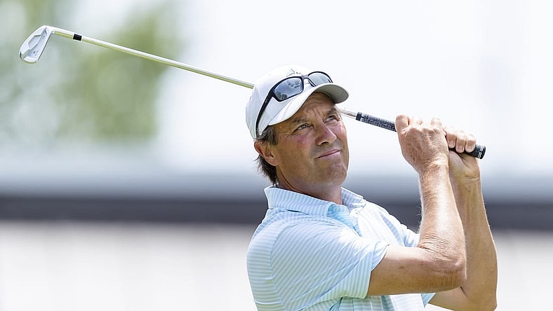 May 29, 2022; Benton Harbor, Michigan, USA; Stephen Ames tees off on the second hole during the final round of the 2022 KitchenAid Senior PGA Championship at Harbor Shores. Mandatory Credit: Raj Mehta-USA TODAY Sports