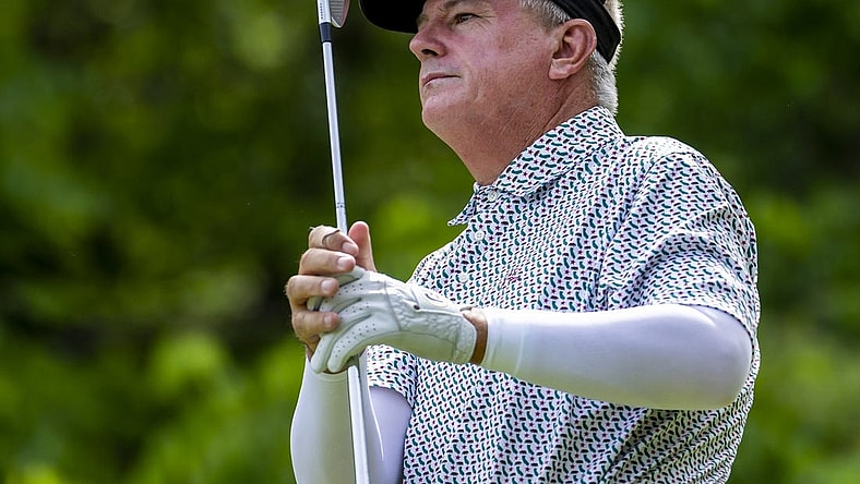 May 29, 2022; Benton Harbor, Michigan, USA; Paul Goydos hits his tee shot on the thirteenth hole during the final round of the 2022 KitchenAid Senior PGA Championship at Harbor Shores. Mandatory Credit: Raj Mehta-USA TODAY Sports