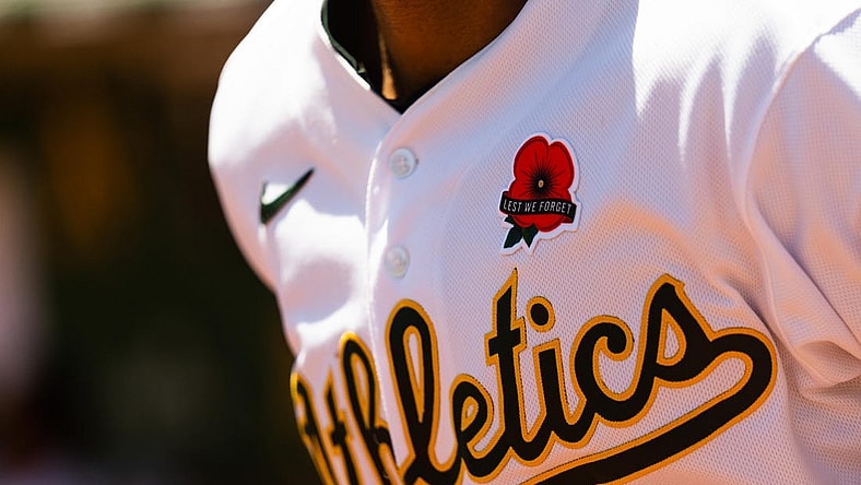 May 30, 2022; Oakland, California, USA Oakland Athletics displays an embroidered logo on their jerseys before the start of the first inning against the Houston Astros at RingCentral Coliseum. Mandatory Credit: Stan Szeto-USA TODAY Sports