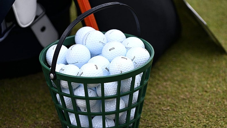 Jun 19, 2022; Brookline, Massachusetts, USA; A general view of a bucket of balls at the practice area during the final round of the U.S. Open golf tournament. Mandatory Credit: Bob DeChiara-USA TODAY Sports