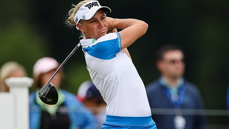 Jun 23, 2022; Bethesda, Maryland, USA; Ryann O'Toole plays her shot from the 16th tee during the first round of the KPMG Women's PGA Championship golf tournament at Congressional Country Club. Mandatory Credit: Scott Taetsch-USA TODAY Sports