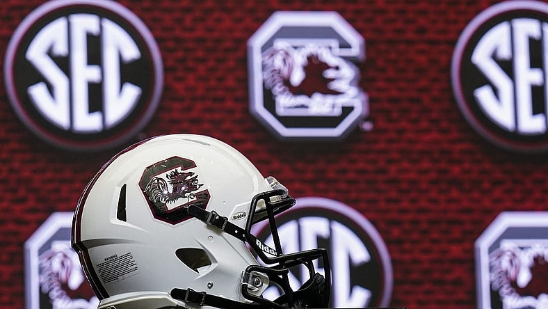 Jul 19, 2022; Atlanta, GA, USA; The South Carolina helmet on the stage during SEC Media Days at the College Football Hall of Fame. Mandatory Credit: Dale Zanine-USA TODAY Sports