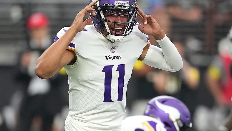 Aug 14, 2022; Paradise, Nevada, USA; Minnesota Vikings quarterback Kellen Mond (11) calls a play before snapping the ball against the Las Vegas Raiders during a preseason game at Allegiant Stadium. Mandatory Credit: Stephen R. Sylvanie-USA TODAY Sports