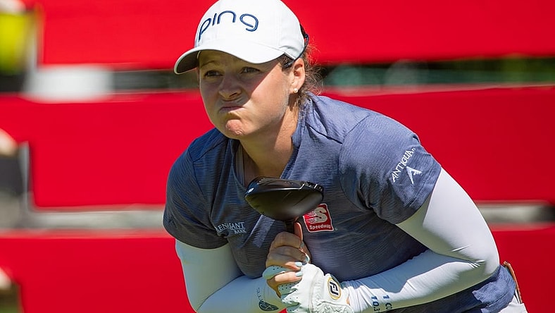 Aug 27, 2022; Ottawa, Ontario, CAN; Ally Ewing from the United States follows the ball after teeing off from the 10th hole during the third round of the CP Women's Open golf tournament. Mandatory Credit: Marc DesRosiers-USA TODAY Sports