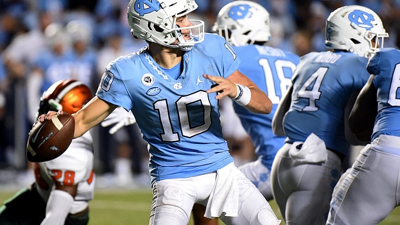 Aug 27, 2022; Chapel Hill, North Carolina, USA; North Carolina Tar Heels quarterback Drake Maye (10) throws the ball against the Florida A&M Rattlers during the second half at Kenan Memorial Stadium. Mandatory Credit: Rob Kinnan-USA TODAY Sports