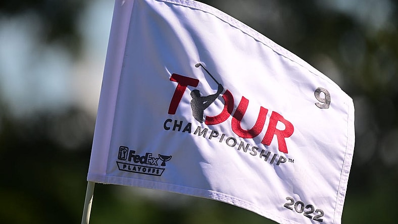 Aug 28, 2022; Atlanta, Georgia, USA; General view of the flag on the 9th hole during the final round of the TOUR Championship golf tournament. Mandatory Credit: Adam Hagy-USA TODAY Sports
